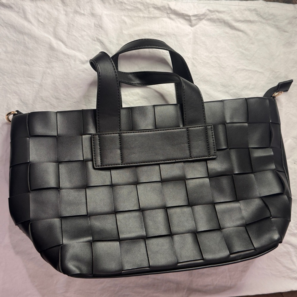 Antik Kraft Black Woven Vegan Leather Tote Bag Gold Hardware Zipper Top Handbag